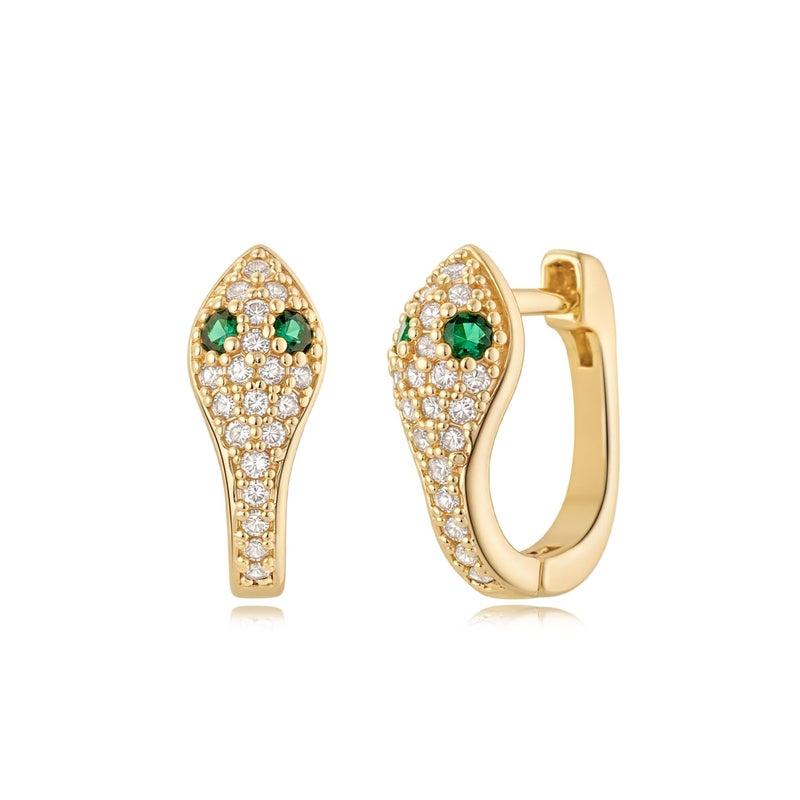 MYEARS Women Snake Earrings Gold Huggie U Hoop Ear Stud Cuff Green Cubic Zirconia 14K Small Simple Hypoallergenic Everyday Jewelry - Image 1